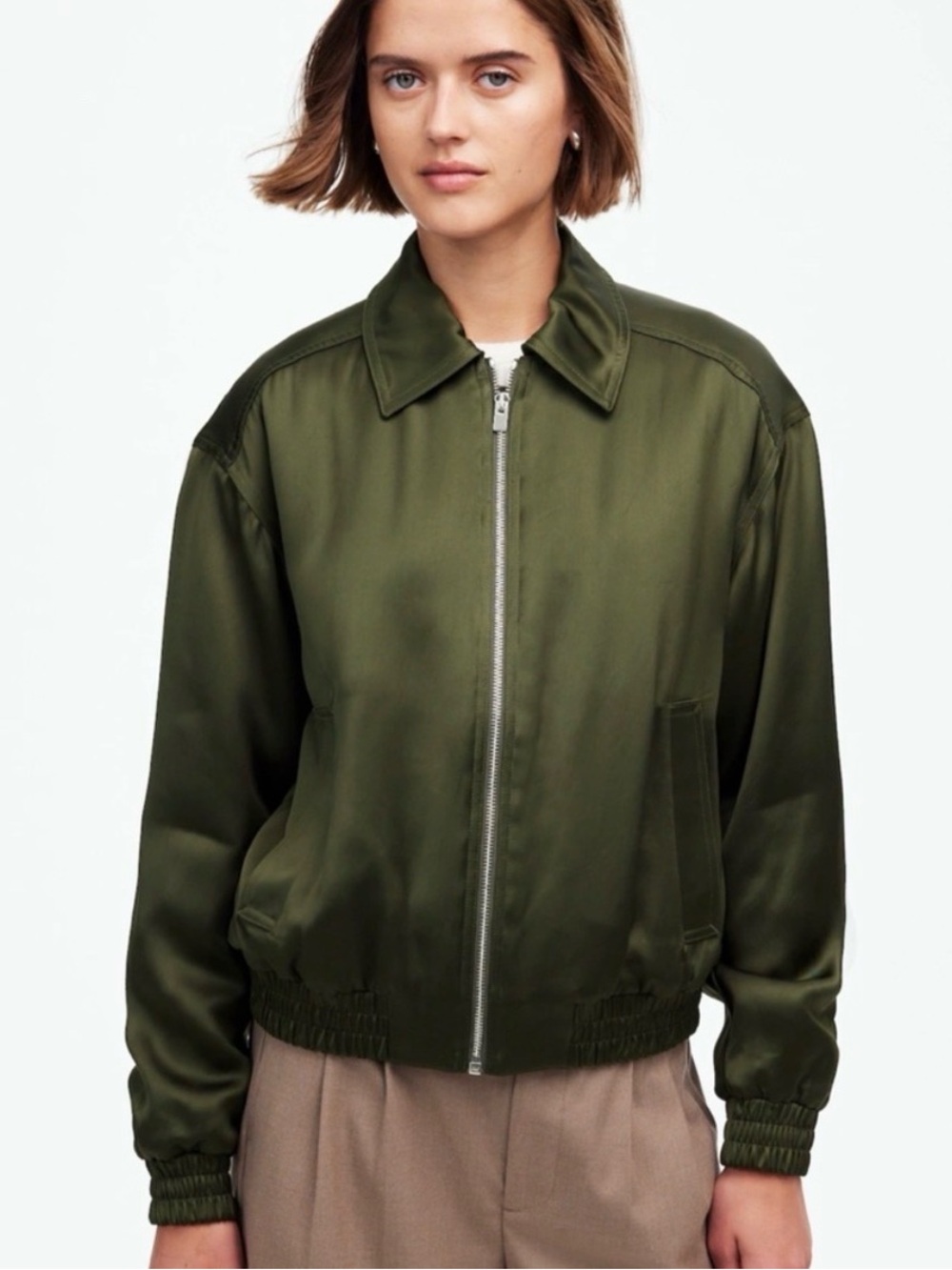 Madewell Mossy Green Collared Bomber Jacket Utility Zip Front S